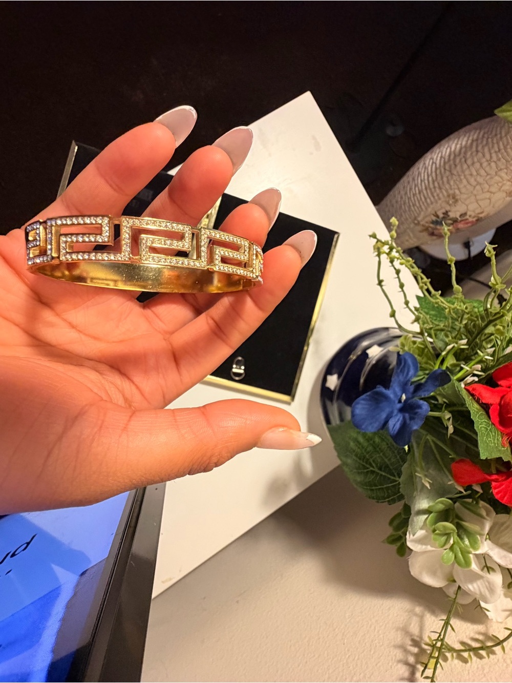 Gold Greek Key Crystal-Accented Bangle Bracelet